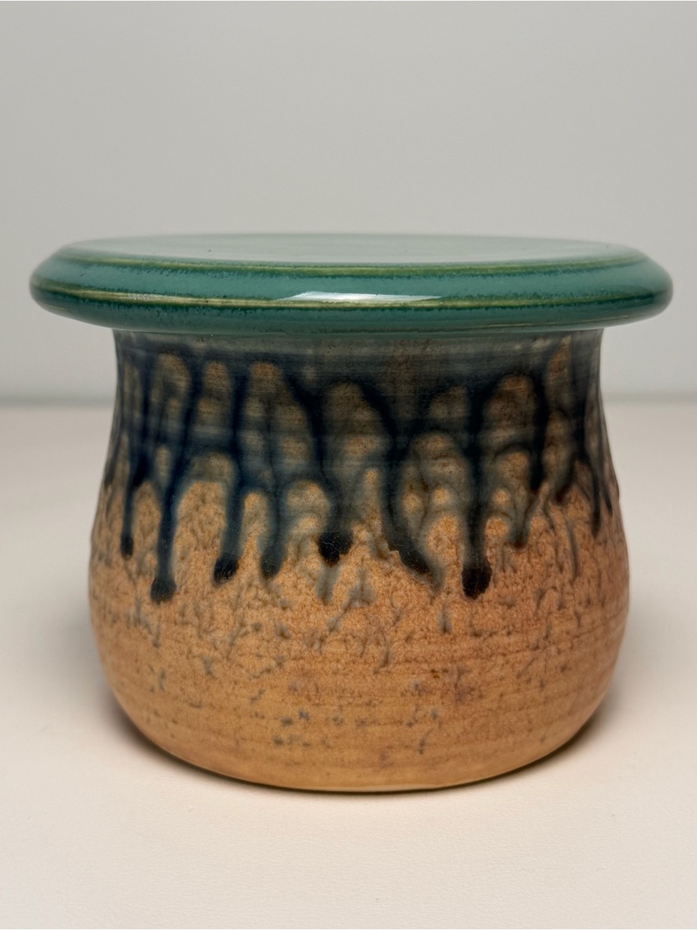 Handmade Studio Pottery French Butter Keeper Crock Drip Glaze Green Blue Tan Art - Picture 3 of 8
